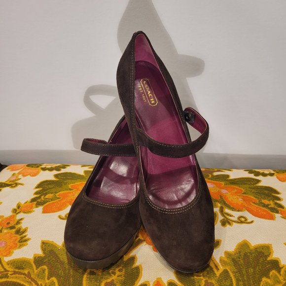 Coach Shoes Brown Suede Mary Jane Heels Platform Unique - Picture 2 of 12